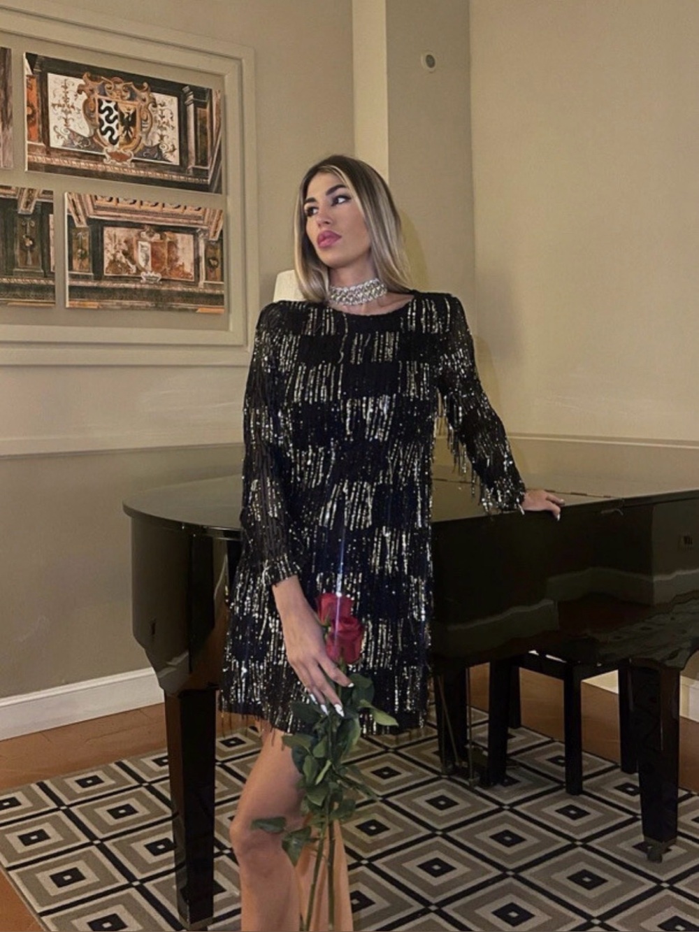 Zara Black Sequin Mini Dress with Silver Accents